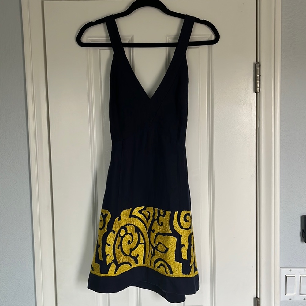 Beatriz Da Silva Hand-embroidered linen luxury dress, dark blue and yellow sz 2